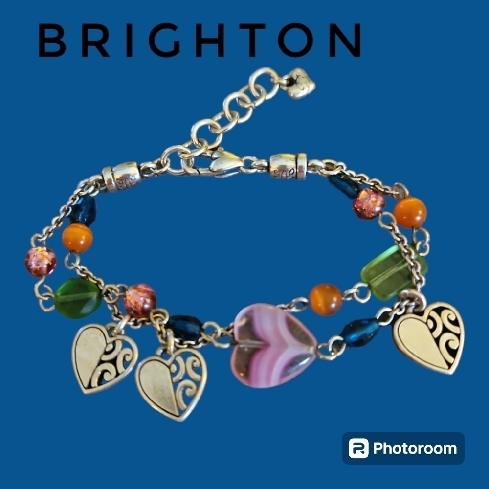 BRIGHTON Deco Bright Glass Beaded Heart Charm Double Chain Bracelet